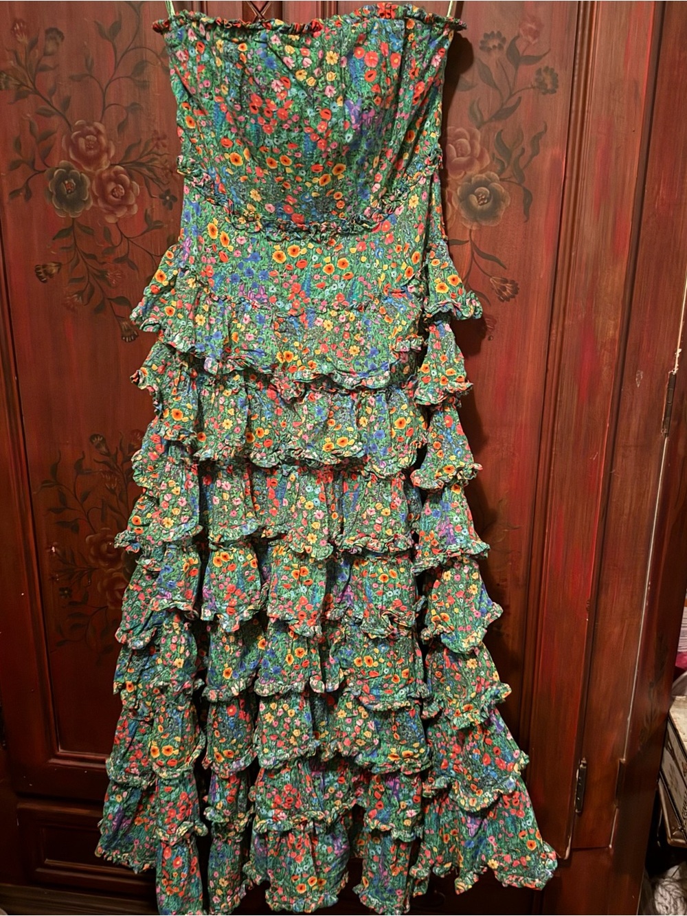 Mac Duggal Green Floral Strapless Tiered Ruffle Maxi Dress - Picture 4 of 7